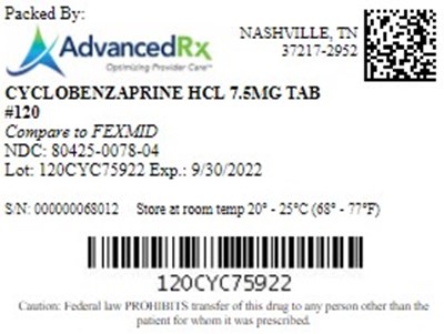 Cyclobenzaprine HCl 7.5mg Tab Qty 120 Ndc 80425 0078